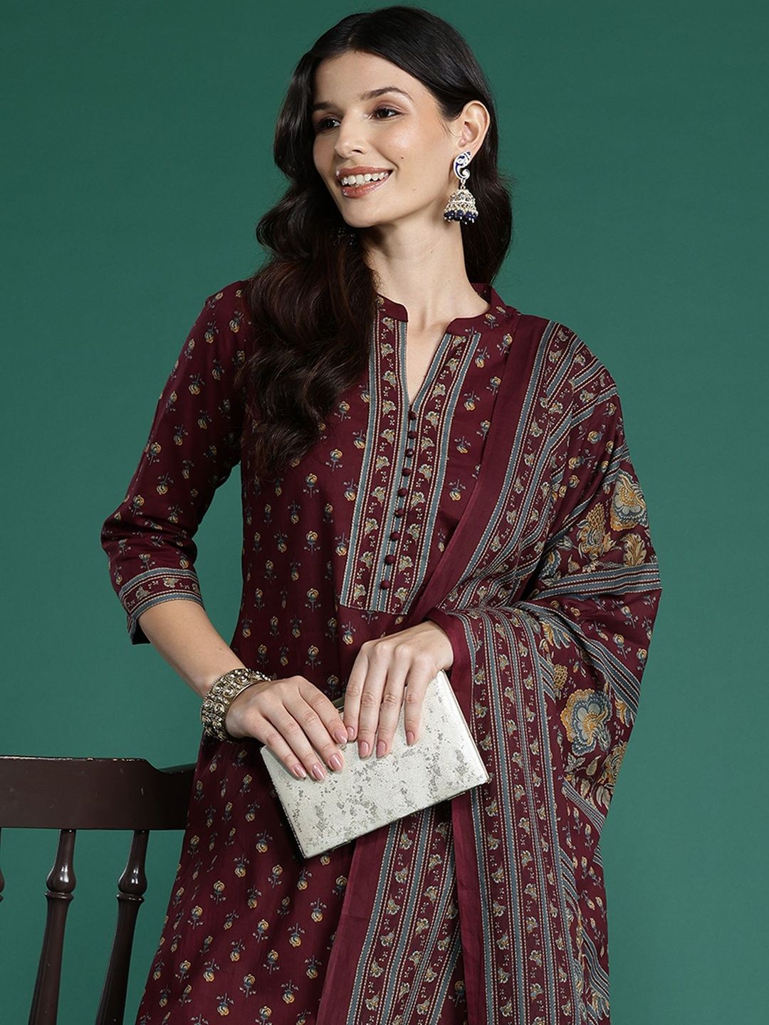 Dhiyona IE Ethnic Motifs Printed Straight Pure Cotton Kurta With Patiala & Dupatta