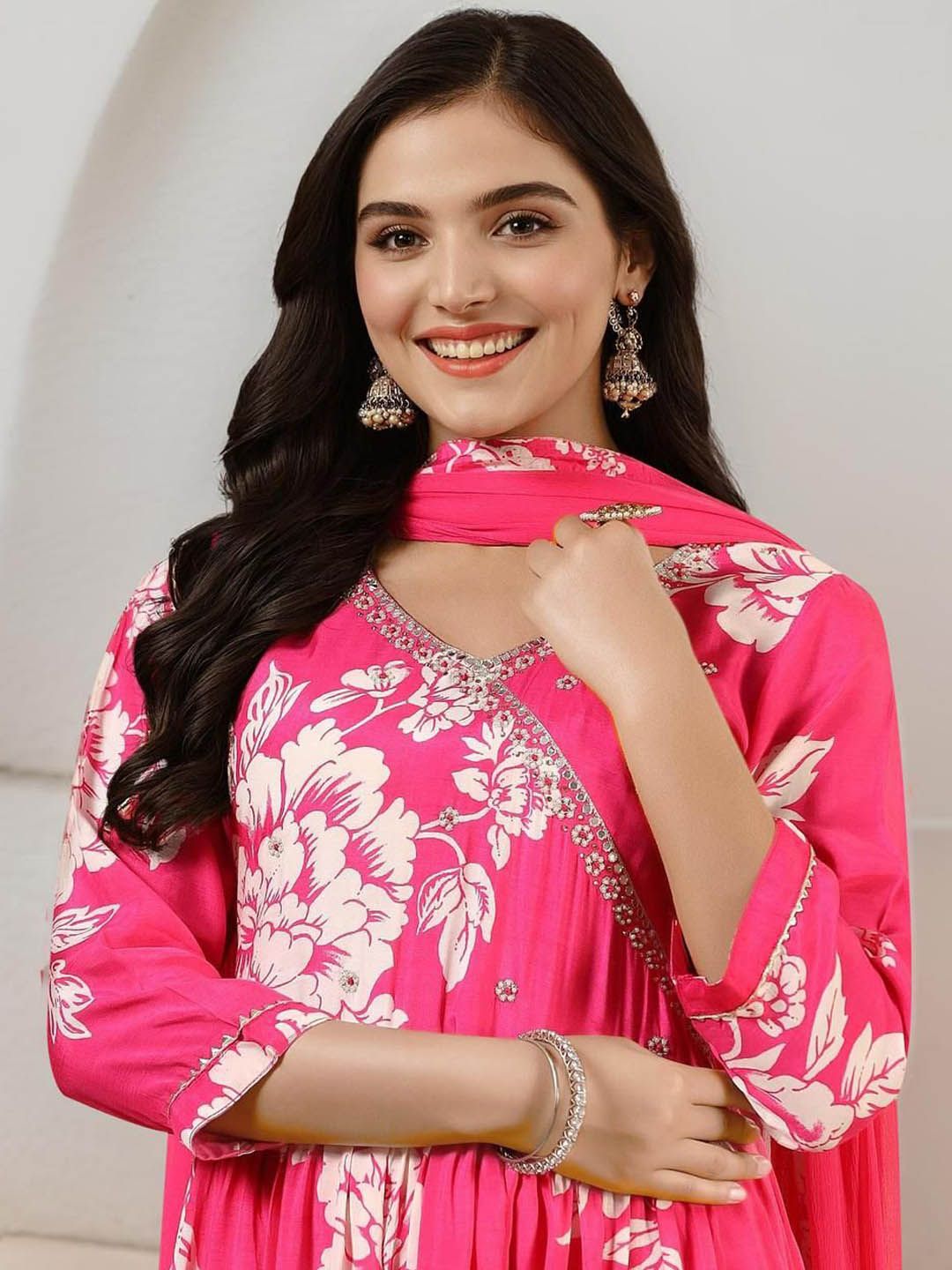 Dhiyona IS Women's Floral Printed Pure Cotton A-Line Kurta With Trousers & Dupatta