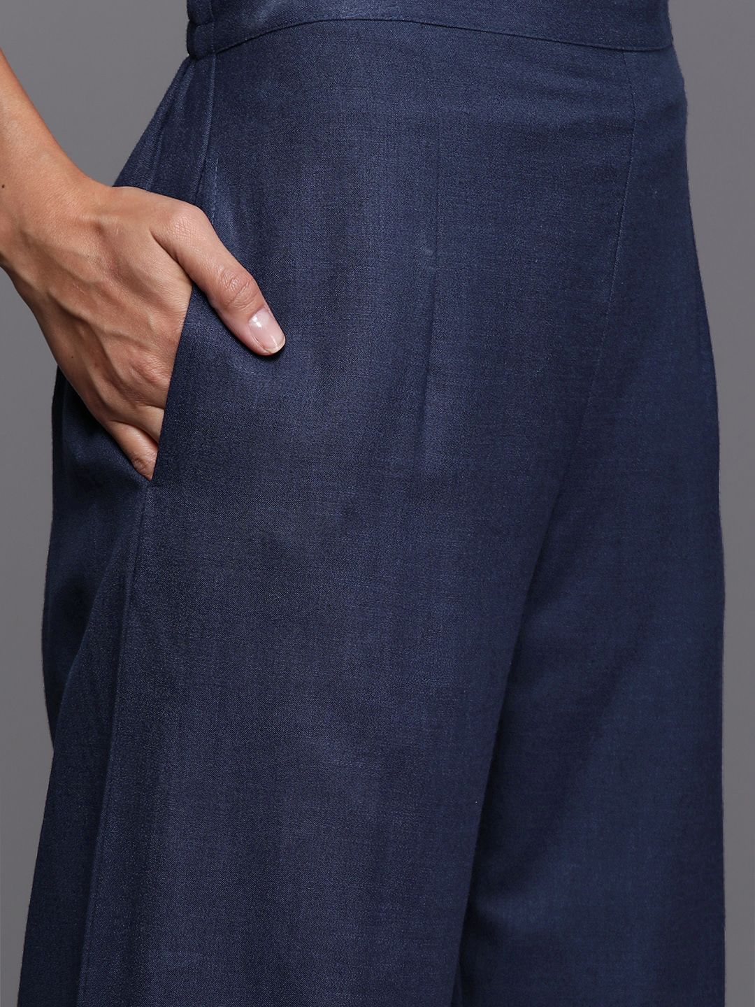 Women Navy Blue Ethnic Motifs Foil Print Sequinned Kurta with Palazzos & Dupatta