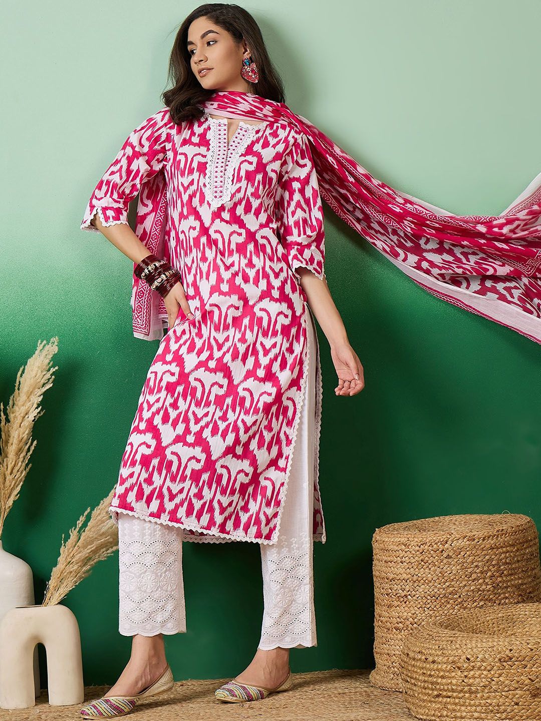Dhiyona SN Women's Notch Neck Printed Pure Cotton Kurta With Trousers & Dupatta