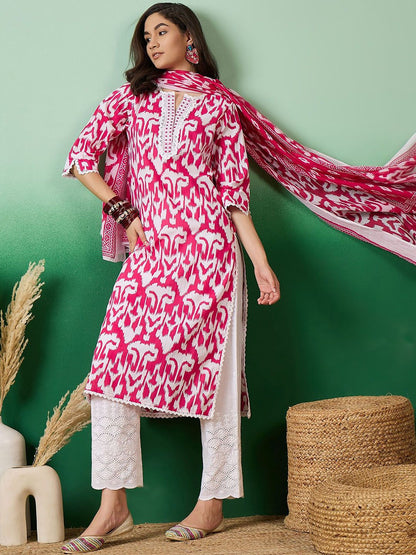 Dhiyona SN Women's Notch Neck Printed Pure Cotton Kurta With Trousers & Dupatta