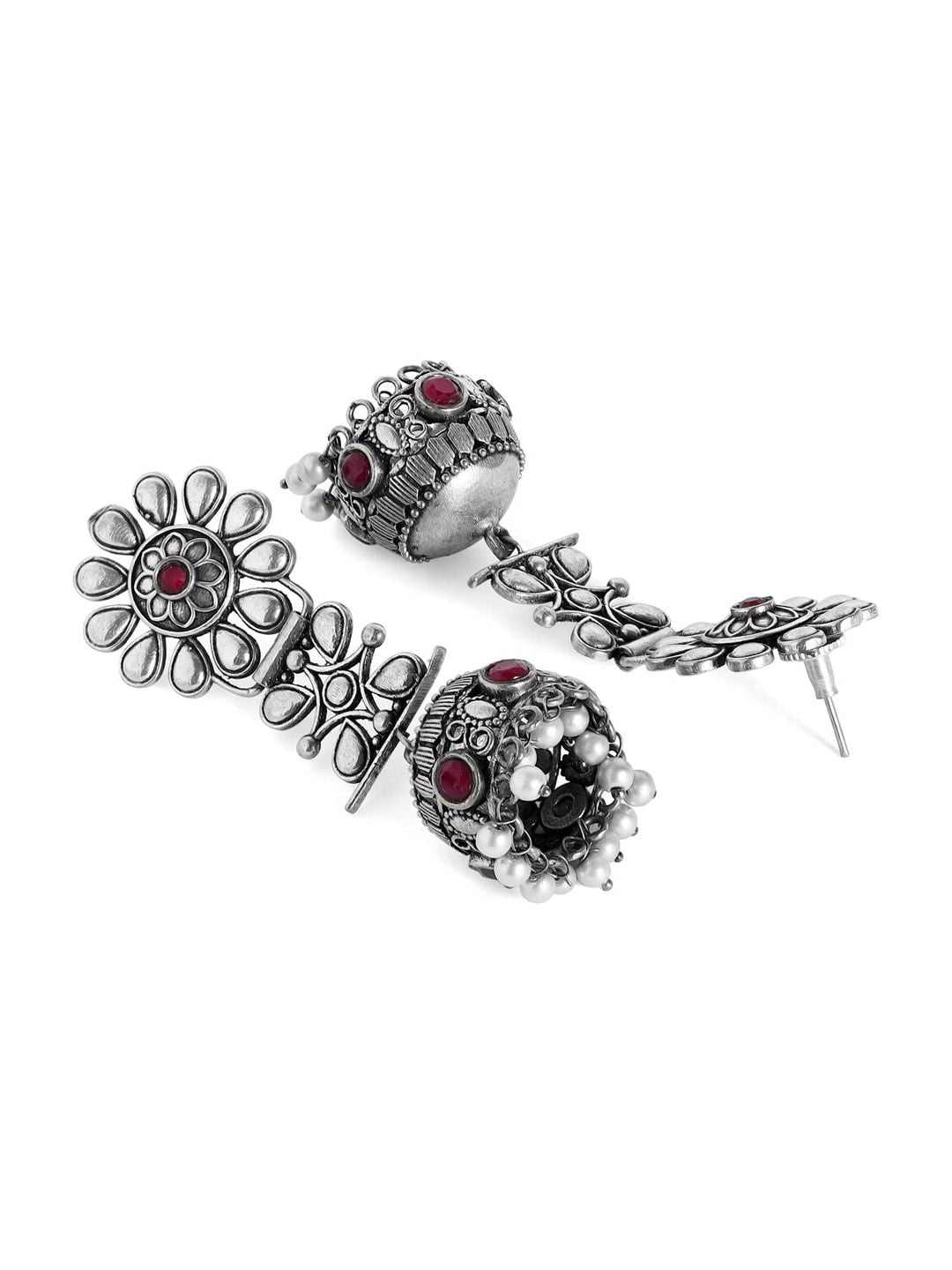 Dhiyona RJ Women's Oxidised Silver-Plated Jhumka Earrings with Ruby Red Stones and White Pearl Beads