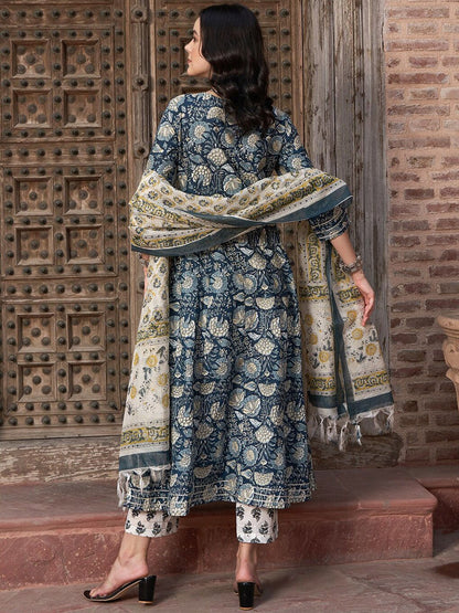 Dhiyona SN Women's Navy Blue Floral Printed Pure Cotton Anarkali Kurta With Trouser & Dupatta