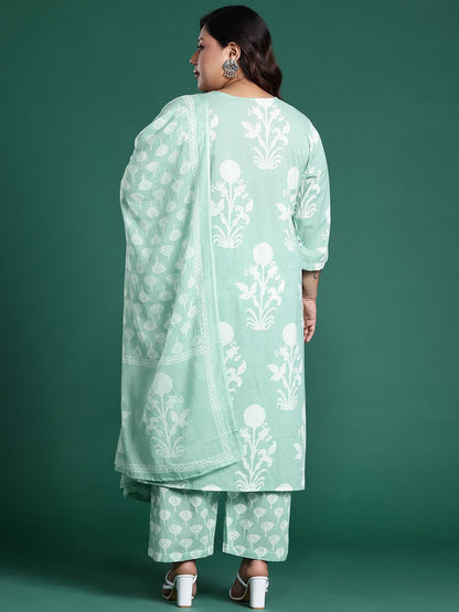 Plus Size Floral Embroidered Mirror Work Pure Cotton Kurta Set