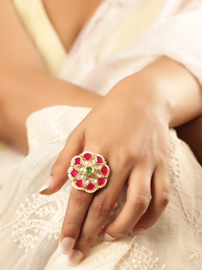 Dhiyona RJ Women's Women 22K Gold-Plated Kundan-Studded & Pearls Beaded Adjustable Finger Ring