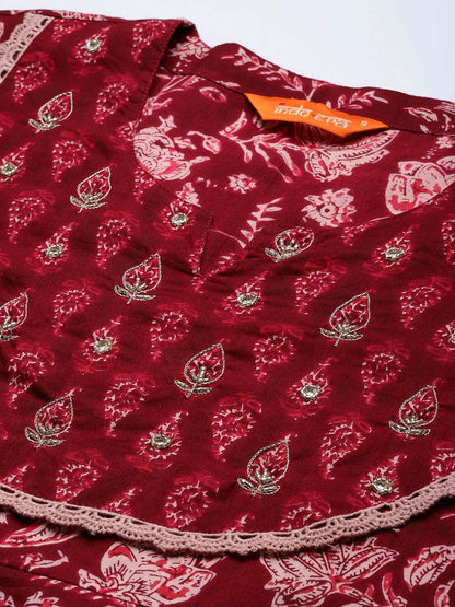 Dhiyona IE Women Floral Printed Pure Cotton Kurta With Trousers & Dupatta