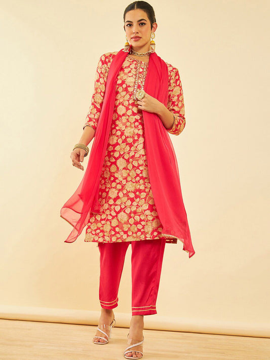 Dhiyona SO Women's Floral Printed Regular Mirror Work Kurta with Trousers & Dupatta