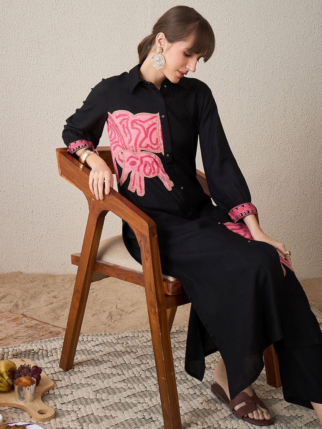 Dhiyona IE Printed Shirt Collar Straight Tunic With Trouser