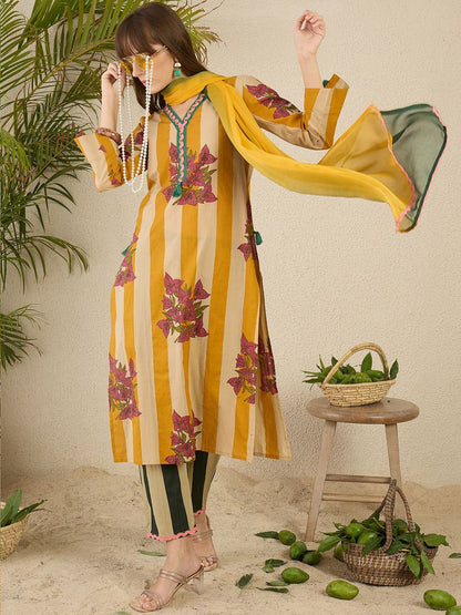 Dhiyona IE Women Tribal Striped Regular Pure Cotton Kurtas & Trousers With Dupatta