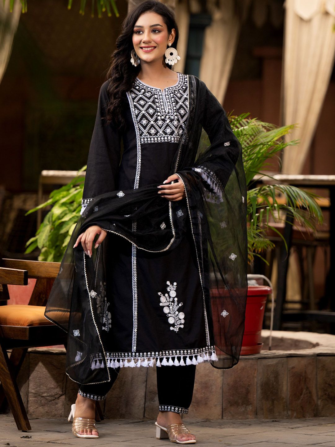 Dhiyona VA Women'sEthnic Motif Thread Embroidered A-Line Kurta With Afghani Trousers & Dupatta