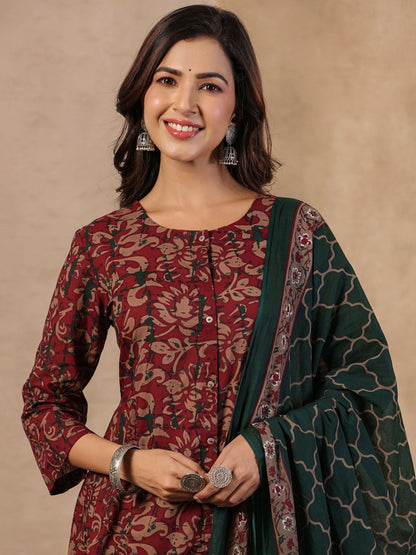 Dhiyona SN Women's Floral Printed Pure Cotton Straight Kurta With Trouser & Dupatta