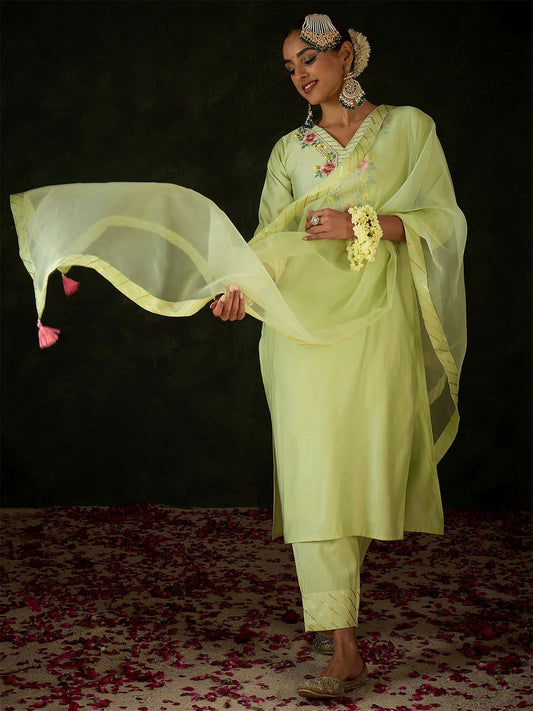 Dhiyona IE Floral Embroidered Stones & Beads Work Kurta With Trousers & Dupatta