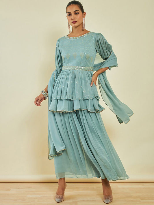 Dhiyona SO Women's Blue Embroidered Puff Sleeve Layered Sequinned Kurti & Palazzos With Dupatta
