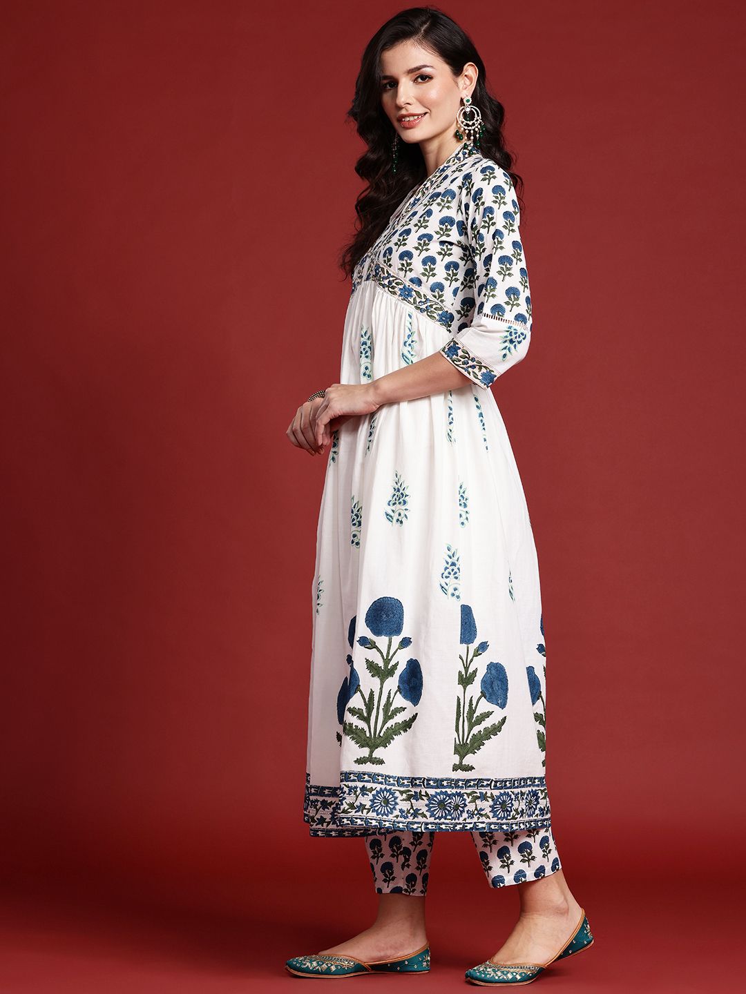 Dhiyona IE Floral Printed Empire Mirror Work Pure Cotton Kurta With Trousers & Dupatta