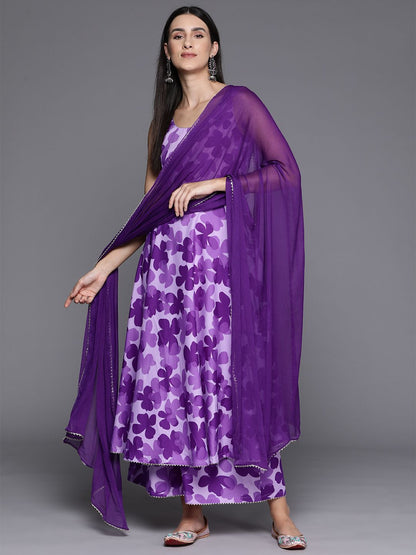 Dhiyona VA Women's Floral Printed Empire Silk Crepe Kurta with Trousers & Dupatta