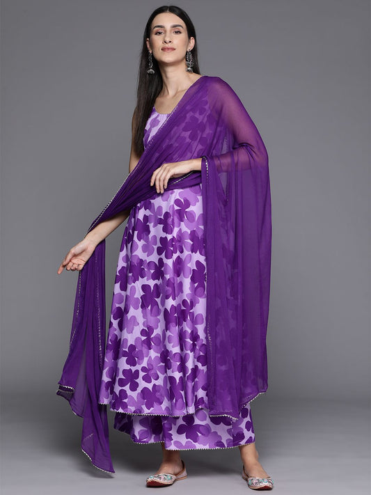 Dhiyona VA Women's Floral Printed Empire Silk Crepe Kurta with Trousers & Dupatta