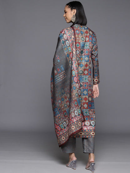 Dhiyona VA Women's Winter Abstract Printed Wool Blend Straight Kurta Set with Dupatta