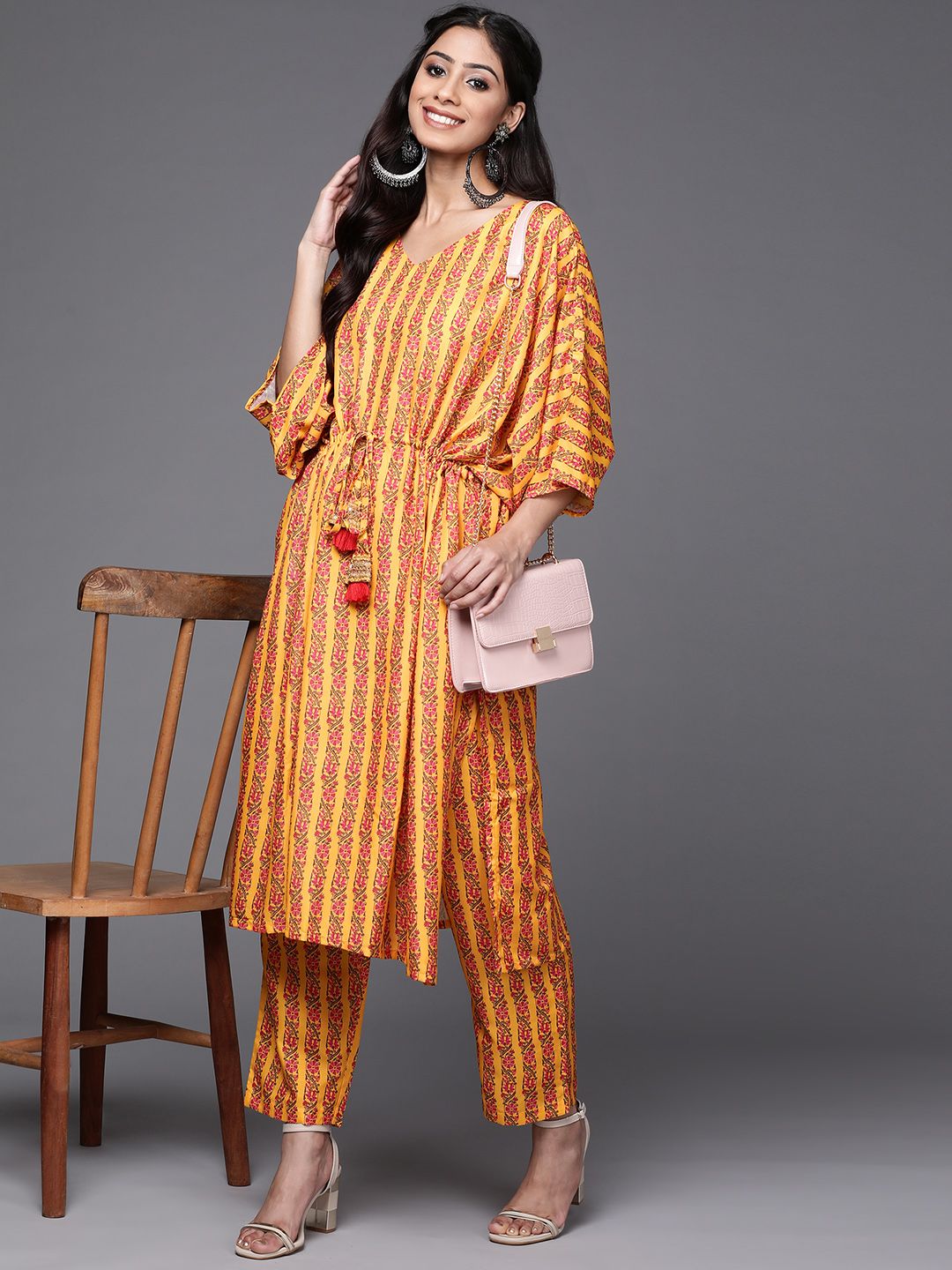 Dhiyona VA Women's Mustard Yellow & Pink Ethnic Motifs Printed Pure Cotton Kurta with Trousers