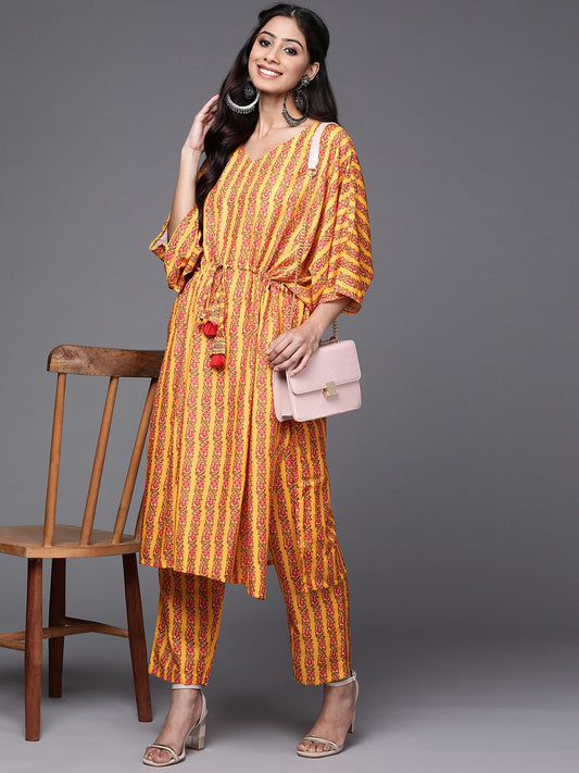 Dhiyona VA Women's Mustard Yellow & Pink Ethnic Motifs Printed Pure Cotton Kurta with Trousers