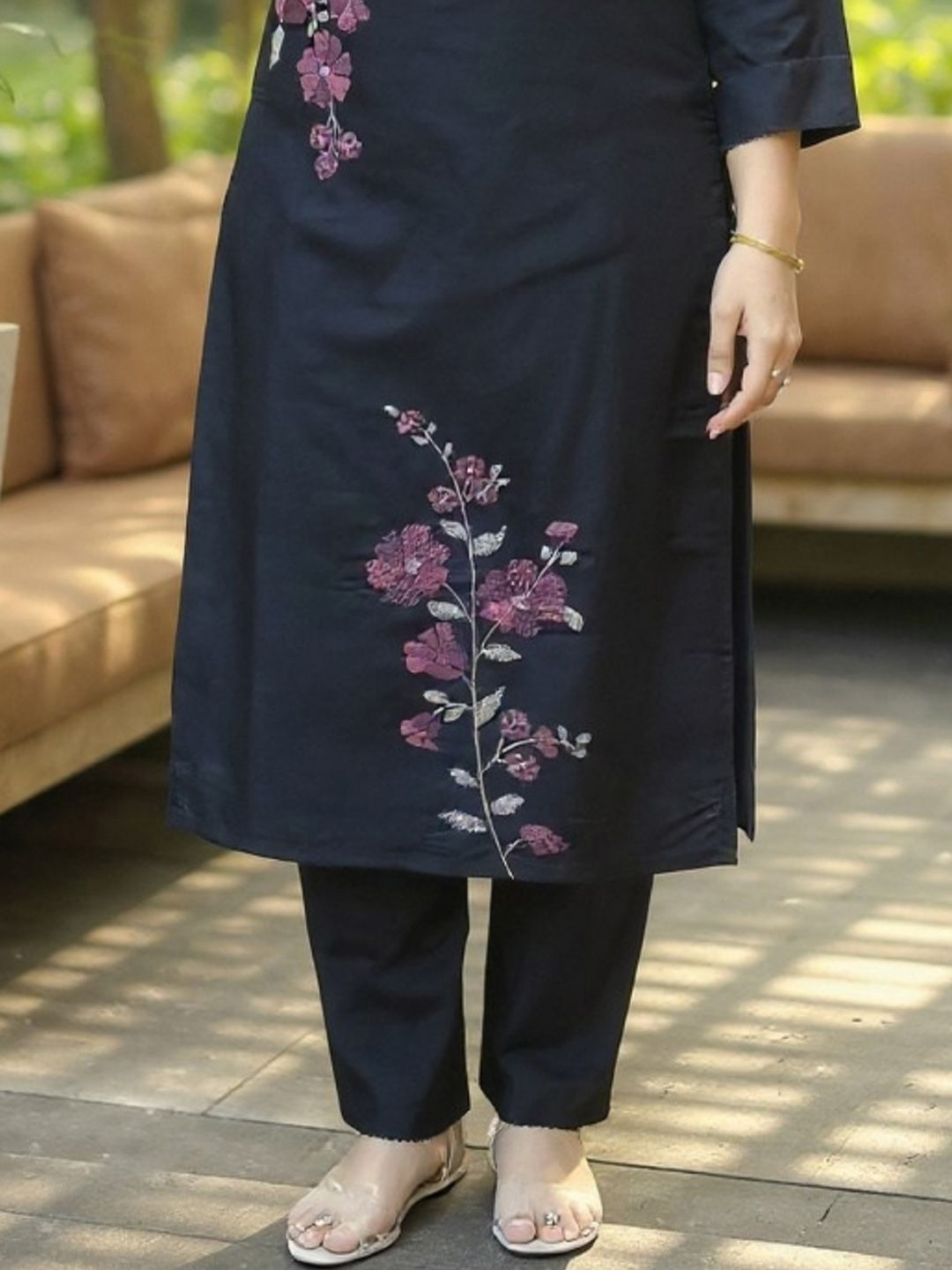 Floral Embroidered Thread Work Kurta With Trousers