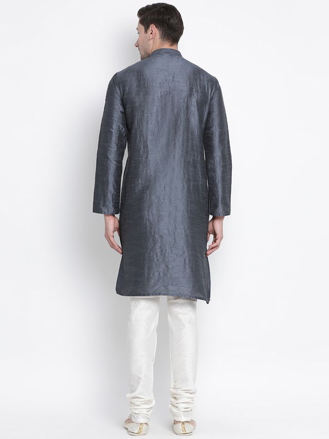 Men's Grey Silk Blend Straight Kurta Pyjama Set