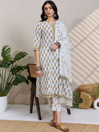 Women Floral Printed Cotton Kurta with Trousers & Dupatta