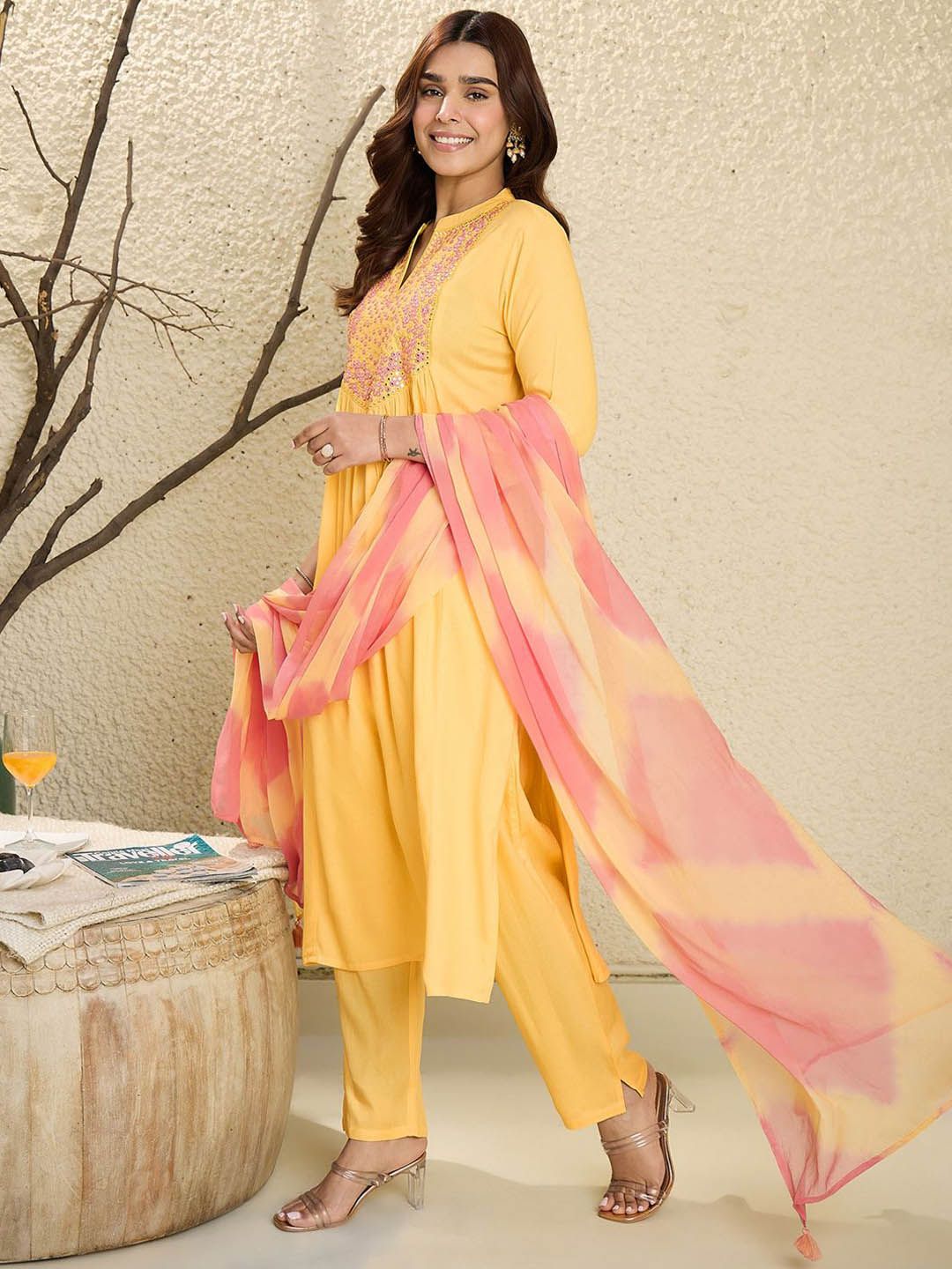 Dhiyona IE Floral Embroidered Mirror Work Pure Cotton A-Line Kurta With Trousers & Dupatta