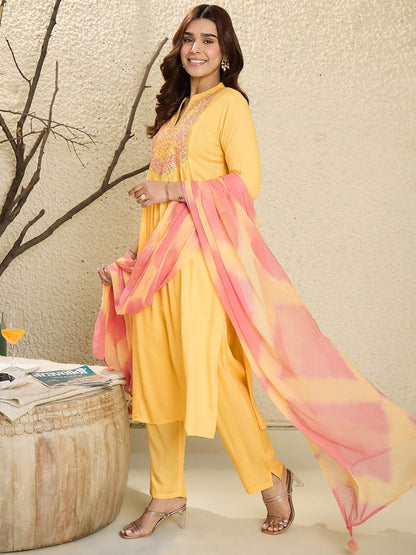 Dhiyona IE Floral Embroidered Mirror Work Pure Cotton A-Line Kurta With Trousers & Dupatta