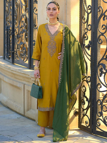 Ethnic Motifs Embroidered Regular Thread Work Straight Kurta Set