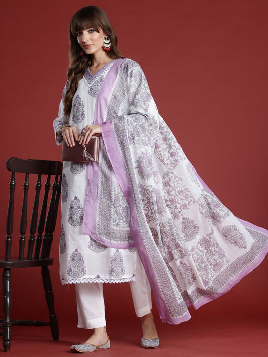 Dhiyona IE Floral Printed Sequinned Pure Cotton Kurta with Trousers & Dupatta