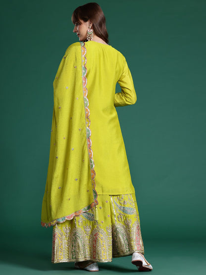 Paisley Embroidered Sequinned Kurta with Palazzos & With Dupatta