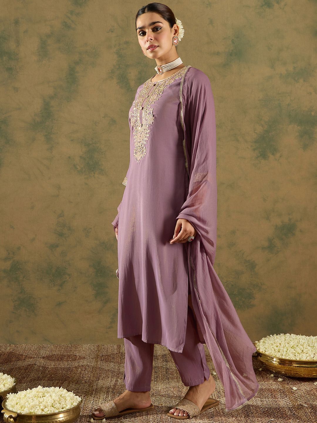 Ethnic Motifs Embroidered Regular Straight Kurta with Trousers & Dupatta