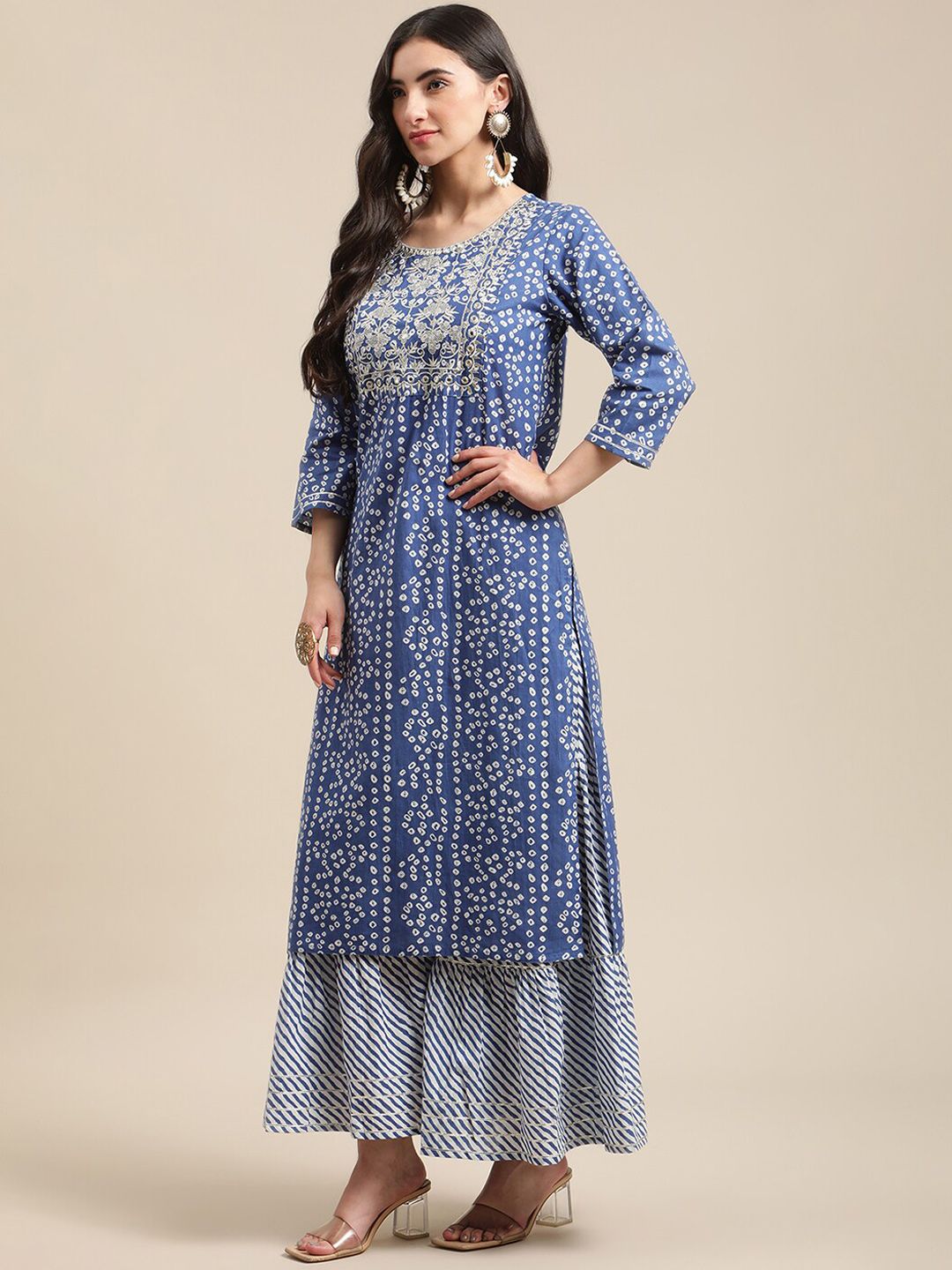 Dhiyona VA Women'sBlue And White Zari Embroidery Leheriya Kurta Sharara Set With Leheriya Dupatta