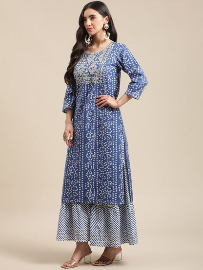 Dhiyona VA Women'sBlue And White Zari Embroidery Leheriya Kurta Sharara Set With Leheriya Dupatta