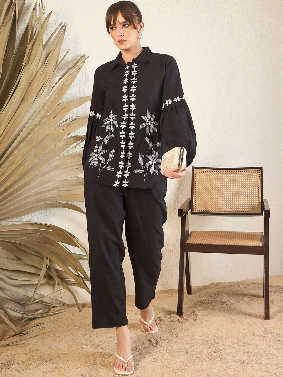 Black Floral Embroidered Straight A-Line Kurta With Trouser