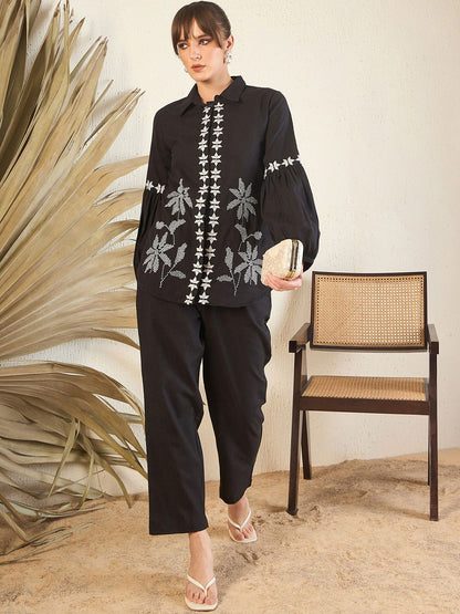 Black Floral Embroidered Straight A-Line Kurta With Trouser