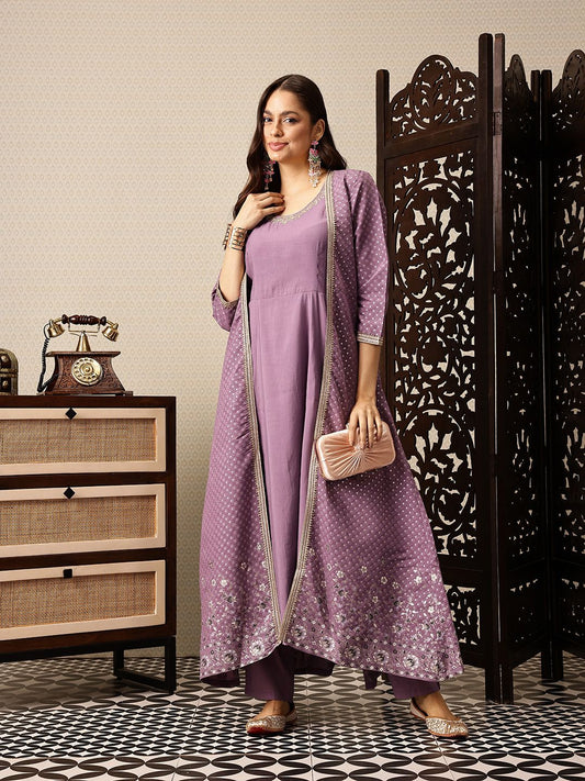 Dhiyona PD Women A-Line Jashn Kurta with Trousers & Printed Longline Shrug