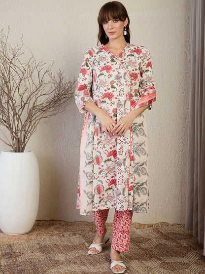 Women Floral Printed Cotton Kurta with Trousers & Dupatta