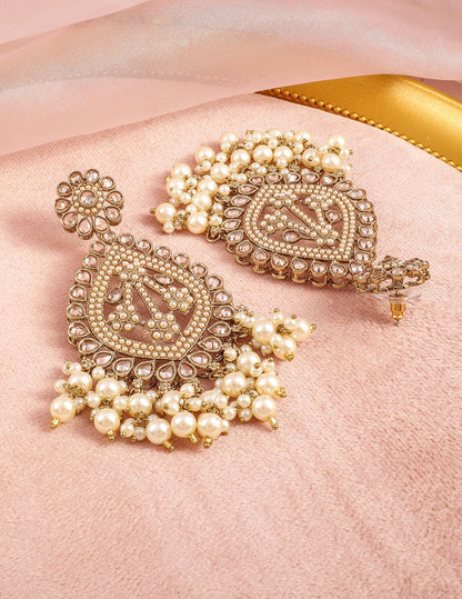 Dhiyona RJ Women's 18K Mehandi Gold-Plated Long Chandbali Earrings with Pearl Drops & Kundan Accents