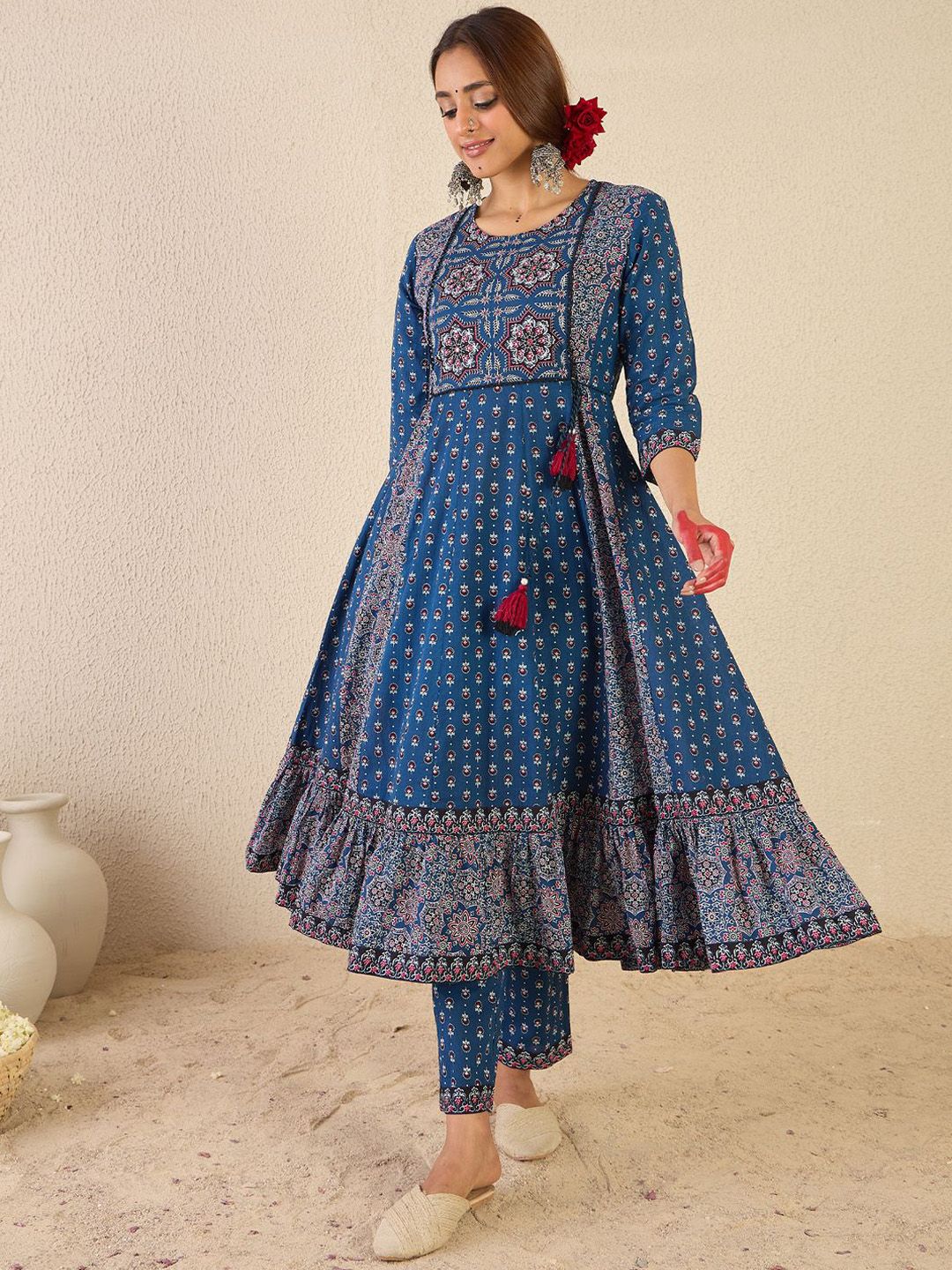 Ethnic Motifs Printed A Line Pure Cotton Kurta With Trousers & Dupatta