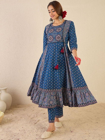 Ethnic Motifs Printed A Line Pure Cotton Kurta With Trousers & Dupatta