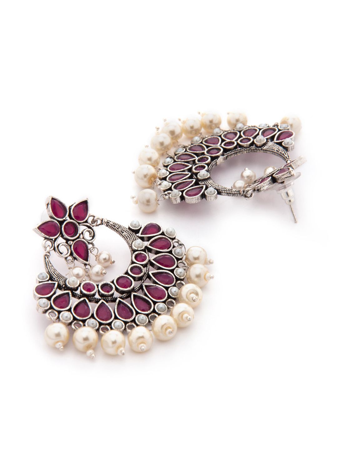 Dhiyona RJ Women's Oxidised Silver Plated Ruby & Pearl Studded Traditional Chandbali Earrings