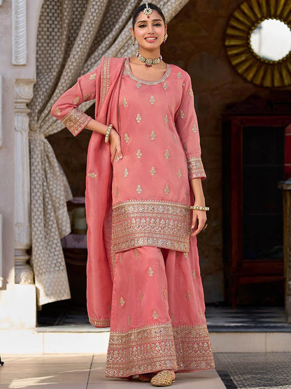 Women Floral Embroidered Kurti with Palazzo & Dupatta