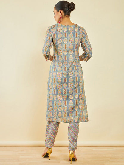 Dhiyona SO Women's Grey Ethnic Motifs Printed Gotta Patti Straight Kurta With Trousers
