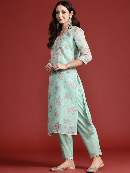 Dhiyona IE Floral Printed Thread Work Linen Kurta with Trousers & With Dupatta