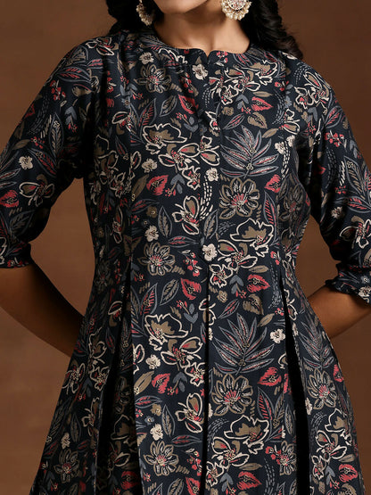 Women's LB Blue Printed Silk Blend A-line Kurta With Salwar