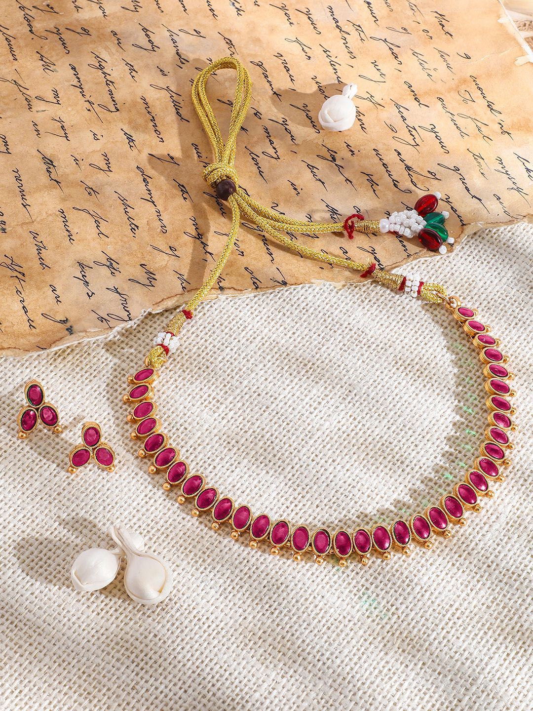 Dhiyona RJ Women's 18K Gold-Plated Ruby Pink Studded Traditional Necklace Set