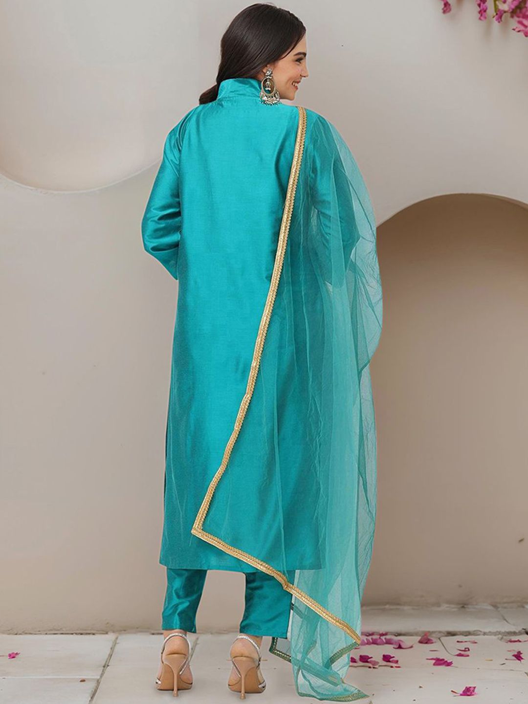 Dhiyona IS Women's Floral Embroidered Sequinned Straight Kurta With Trousers & Dupatta