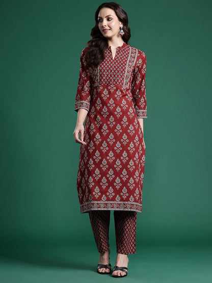 Dhiyona IE Ethnic Motifs Printed Pure Cotton Kurta with Trousers