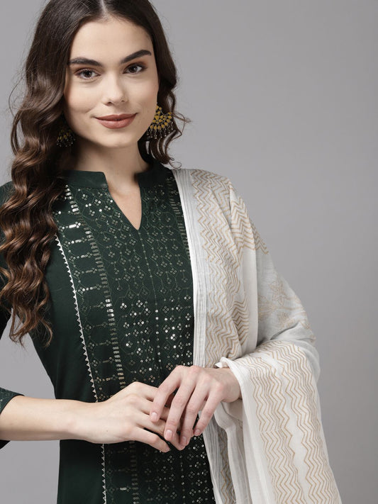 Women Green Ethnic Motifs Embroidered Regular Kurta with Palazzos & With Dupatta